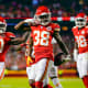 Nov 7, 2021; Kansas City, Missouri, USA; Kansas City Chiefs cornerback L'Jarius Sneed (38) celebrates with teammates after intercepting a pass against the Green Bay Packers during the second half at GEHA Field at Arrowhead Stadium. Mandatory Credit: Jay Biggerstaff-USA TODAY Sports